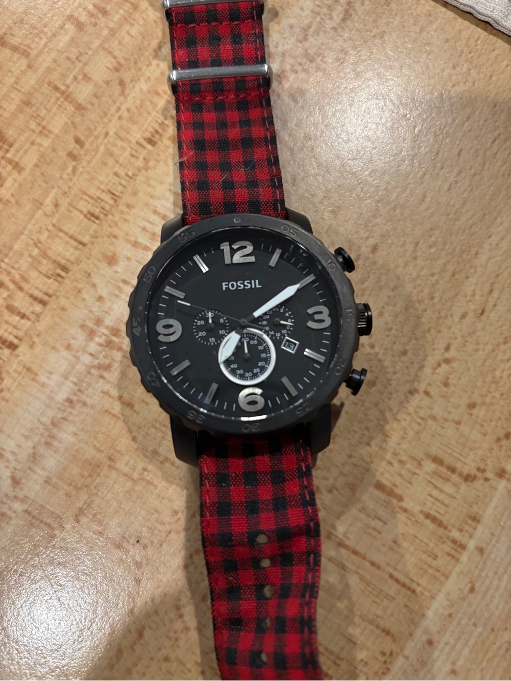 Fossil Black Dial Chronograph Watch with Red and Black Plaid Strap